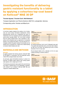 Thumbnail of document Investigating the benefits of delivering gastric resistant functionality to a tablet by applying a colorless top-coat based on Kollicoat® MAE 30 DP