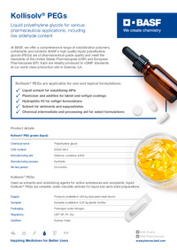 Thumbnail of document Kollisolv® PEGs, Liquid polyethylene glycols for various pharmaceutical applications, including low aldehyde content